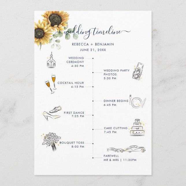 Watercolor Sunflower Floral Wedding Itinerary Program (Front)