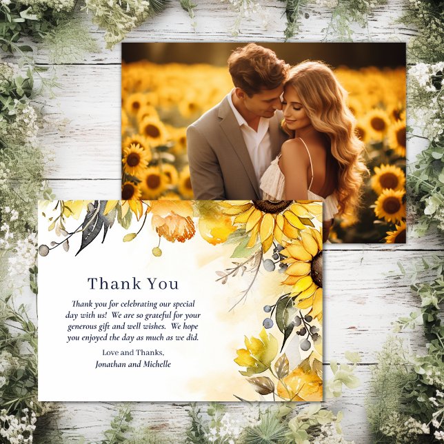 Watercolor Sunflower Floral Wedding Photo Thank You Card (Front and Back - Watercolor Sunflower Floral Wedding Photo Thank You Card)