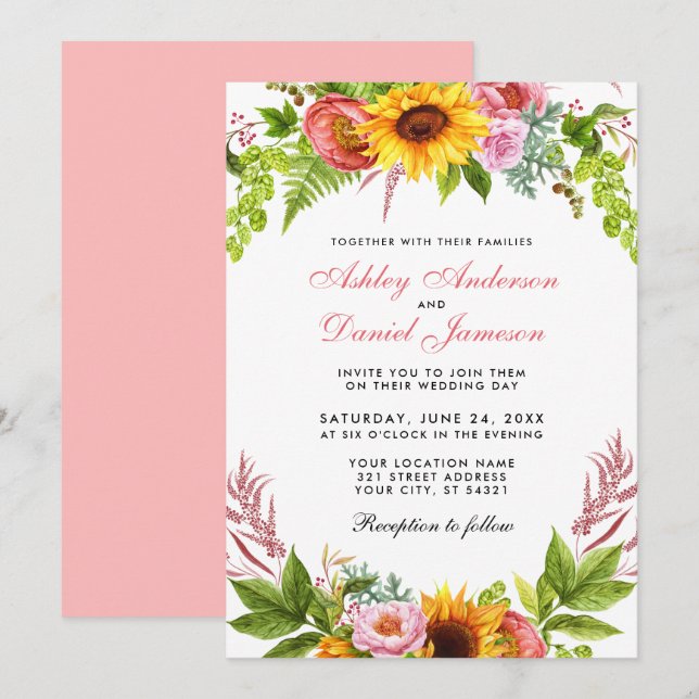 Watercolor Sunflower Floral Wedding Pink Invitation (Front/Back)