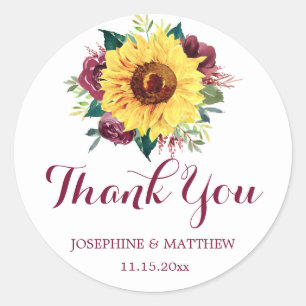 Watercolor Sunflower Floral Wedding Thank You Classic Round Sticker