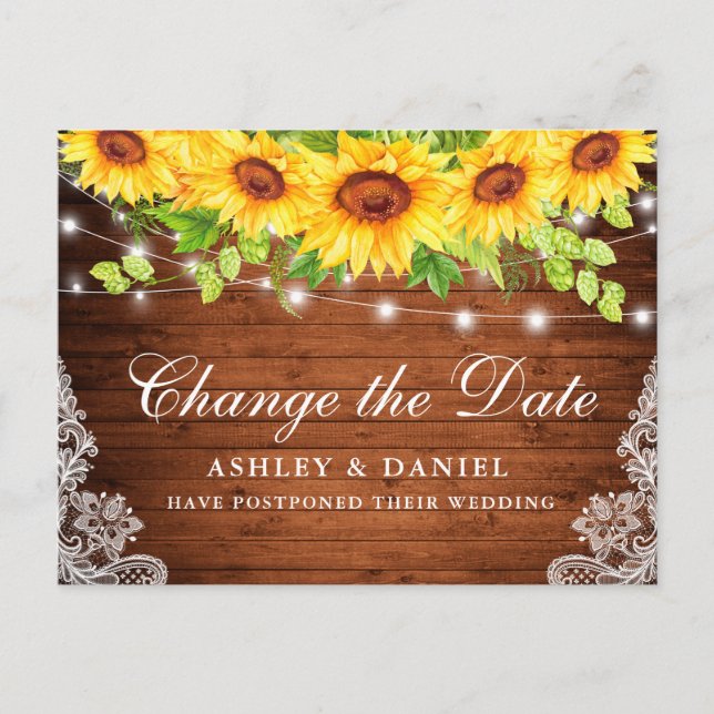 Watercolor Sunflower Floral Wood Change The Date Postcard (Front)