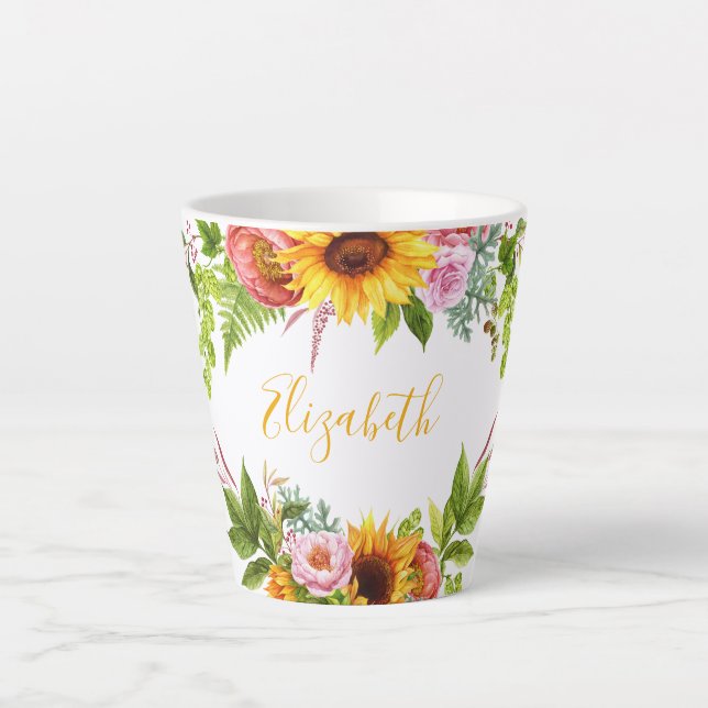 Watercolor Sunflower Floral Yellow Name Latte Mug (Front)