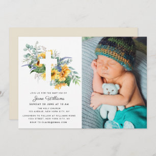 watercolor sunflower florals Baptism  Invitation