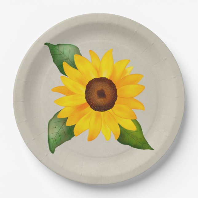 Watercolor Sunflower Flower Yellow Beige Paper Plate (Front)