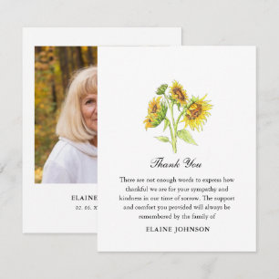 Watercolor Sunflower Funeral Photo Thank you Card