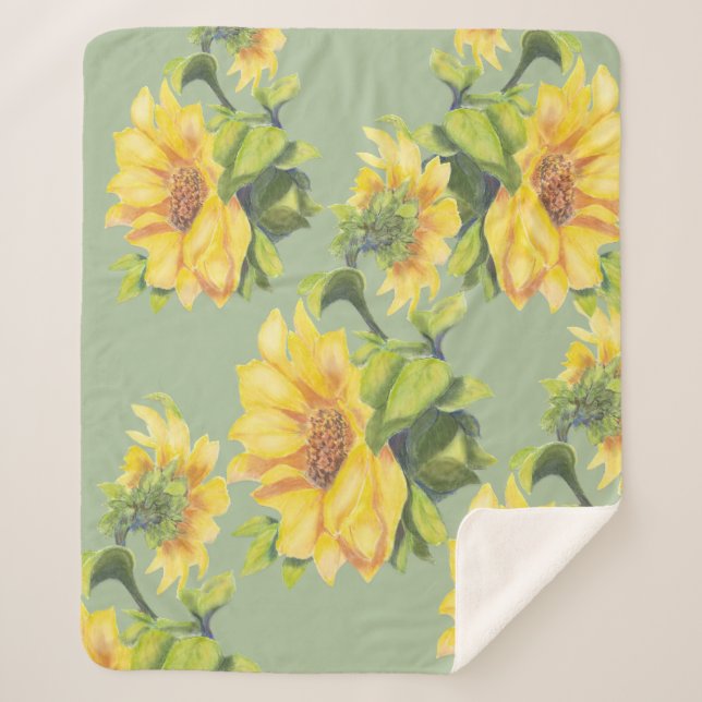 Watercolor Sunflower Garden Flower Floral Sherpa Blanket (Front)