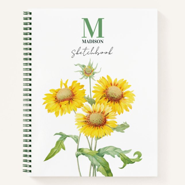 Watercolor Sunflower Green Monogram Sketchbook Notebook (Front)
