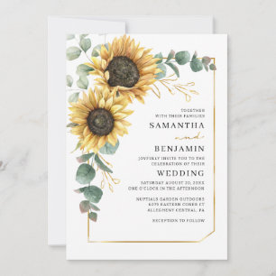 Watercolor Sunflower Greenery Leaves Wedding Invitation