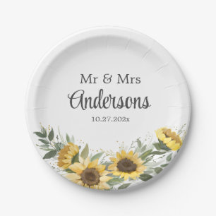 Watercolor Sunflower Greenery Paper Plates