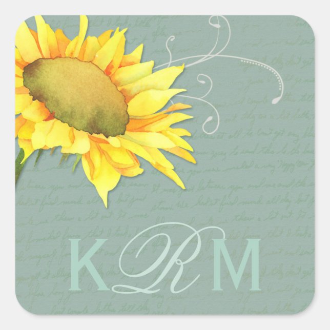 Watercolor Sunflower Greyed Jade Wedding Square Sticker (Front)