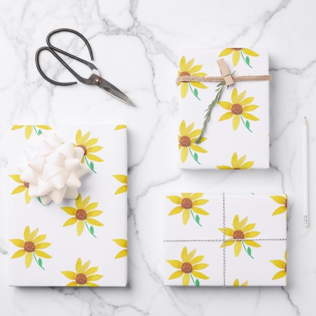 Watercolor Sunflower Hand Painted Pretty Pattern Wrapping Paper Sheet (Front)