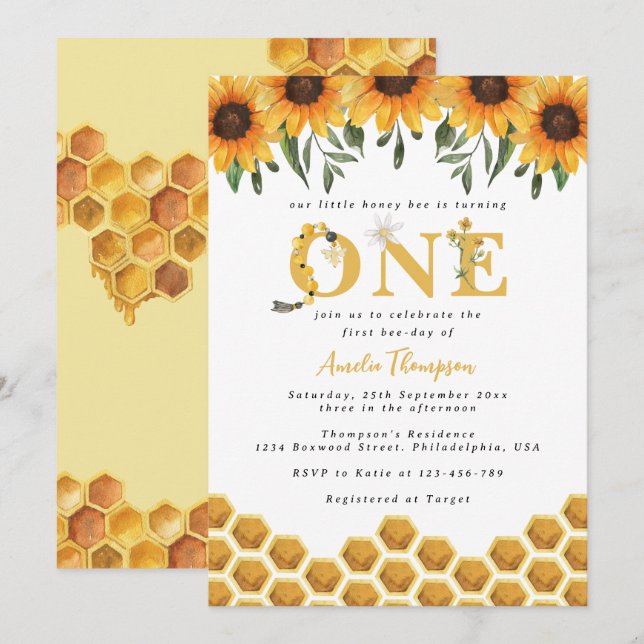 Watercolor Sunflower Honeycomb First Bee-day  Invitation (Front/Back)