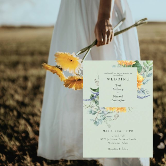 Watercolor Sunflower Light Sage Wedding Invitation (Creator Uploaded)