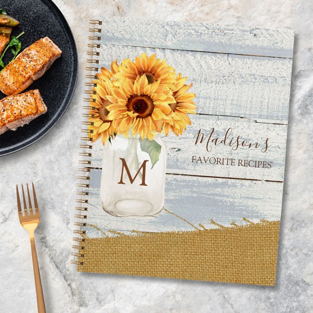 Watercolor Sunflower Mason Jar Shabby Wood Recipe Notebook (In situ)