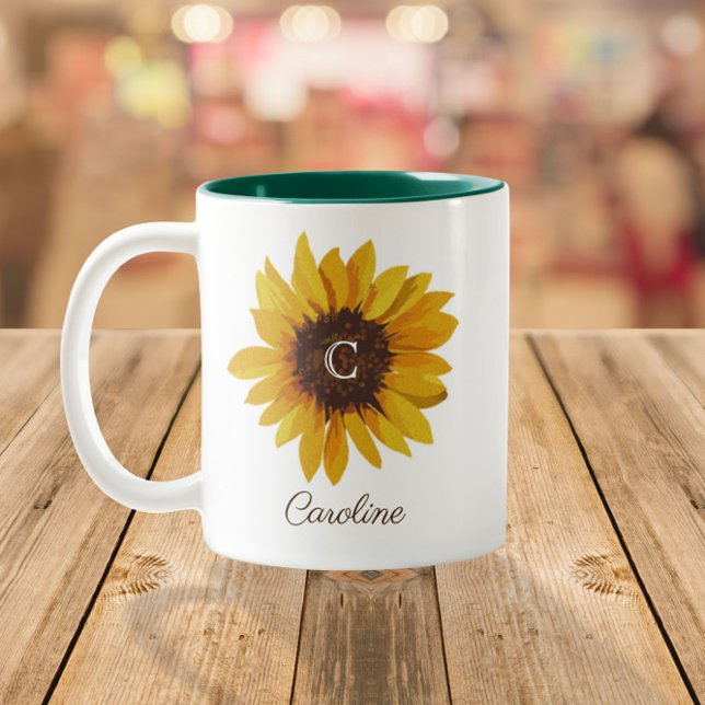 Watercolor Sunflower Monogram Name Two-Tone Coffee Mug (Creator Uploaded)