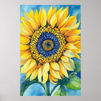 Watercolor Sunflower On A Sky Blue Background Post Poster