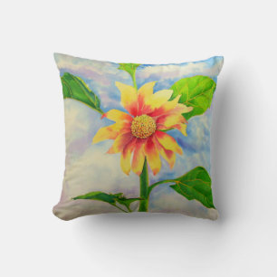 Watercolor sunflower painting yellow orange floral cushion