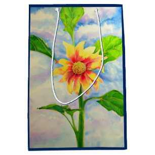 Watercolor sunflower painting yellow orange floral medium gift bag