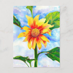 Watercolor sunflower painting yellow orange floral postcard