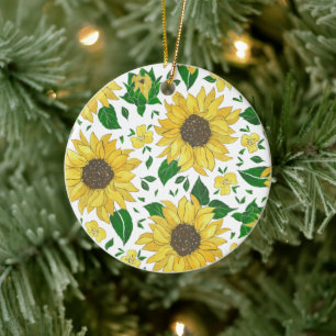 Watercolor Sunflower Pattern Ceramic Ornament