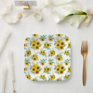 Watercolor Sunflower Pattern Paper Plate