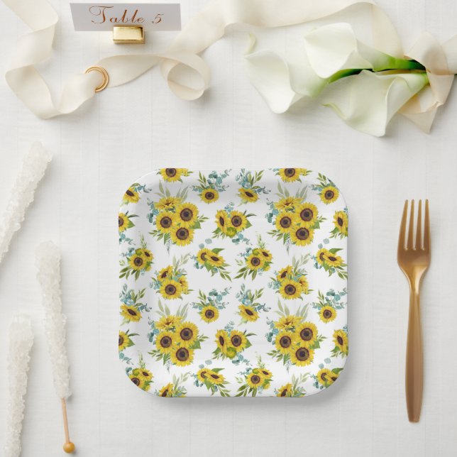 Watercolor Sunflower Pattern Paper Plate (Wedding)