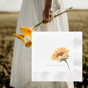 Watercolor Sunflower Personalised Coined Wedding Napkin