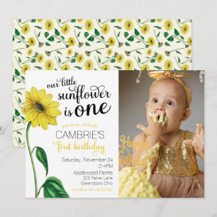 Watercolor Sunflower Photo First Birthday Invitation