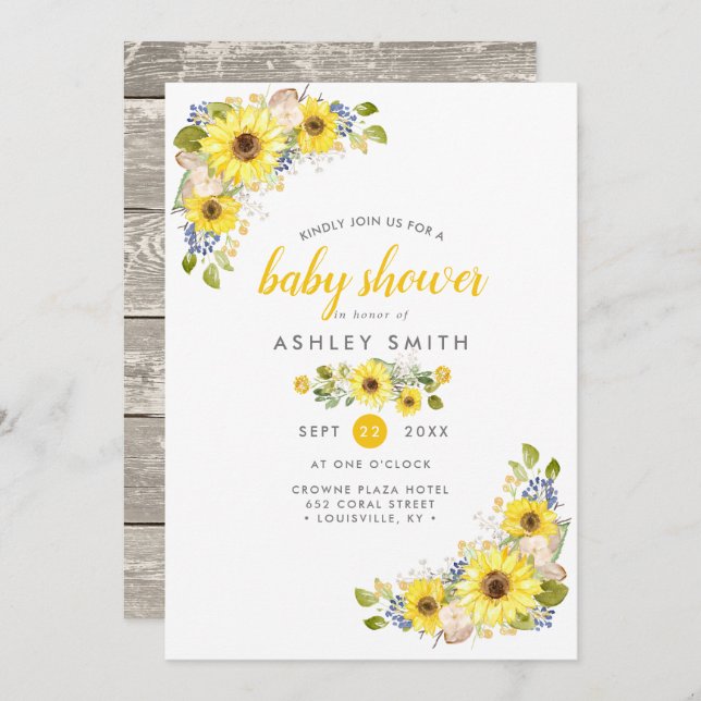 Watercolor Sunflower Rustic Country Baby Shower Invitation (Front/Back)