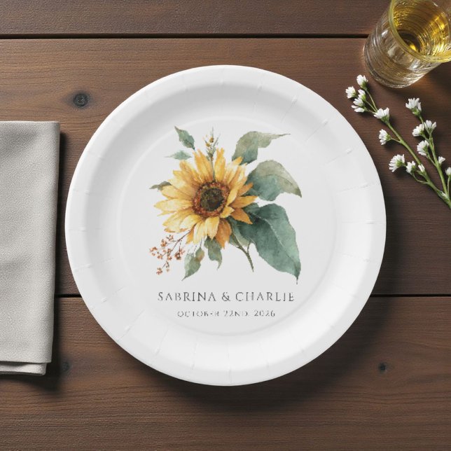 Watercolor Sunflower Rustic Country Wedding  Paper Plate (Creator Uploaded)