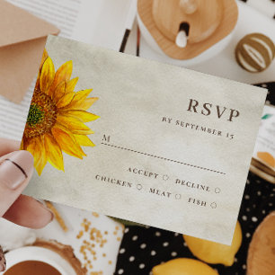 Watercolor sunflower. Rustic floral fall wedding RSVP Card