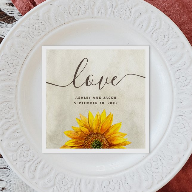 Watercolor sunflower. Rustic floral script wedding Napkin (Creator Uploaded)
