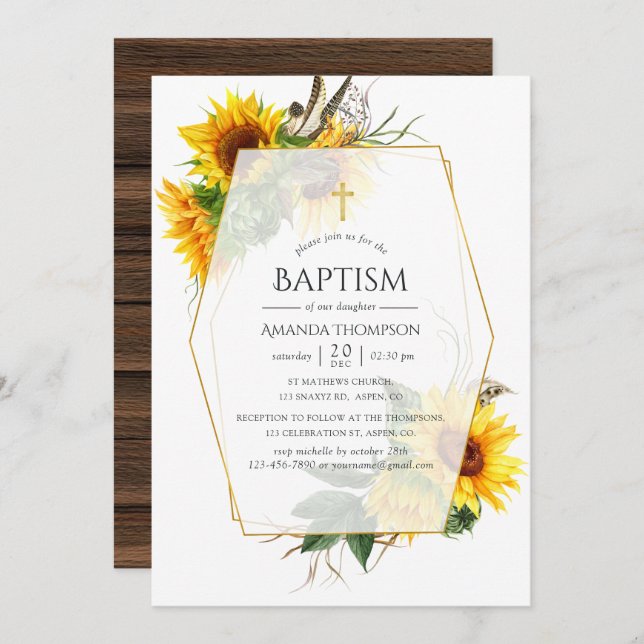 Watercolor Sunflower Rustic Geometric Baptism Invitation (Front/Back)