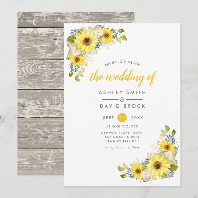 Watercolor Sunflower Rustic Wedding Invitation (Front/Back)