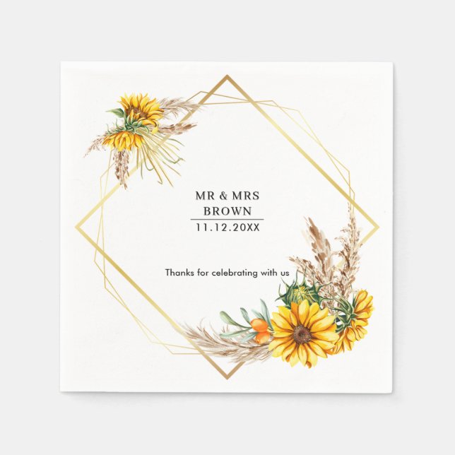 Watercolor Sunflower Rustic Wedding  Napkin (Front)