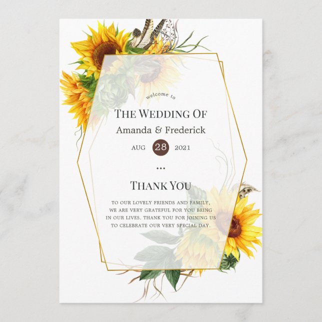 Watercolor Sunflower Rustic Wedding Program (Front)