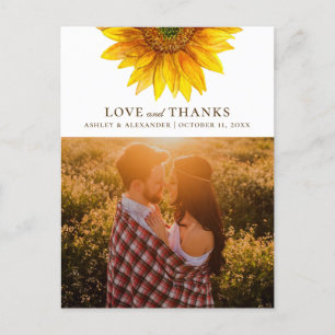 Watercolor sunflower. Rustic wedding thank you Postcard