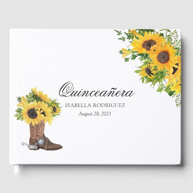 Watercolor Sunflower Rustic Western Quinceañera Guest Book (Front)