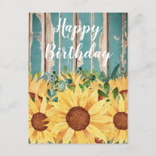 Watercolor Sunflower & Rustic Wood Birthday Postcard