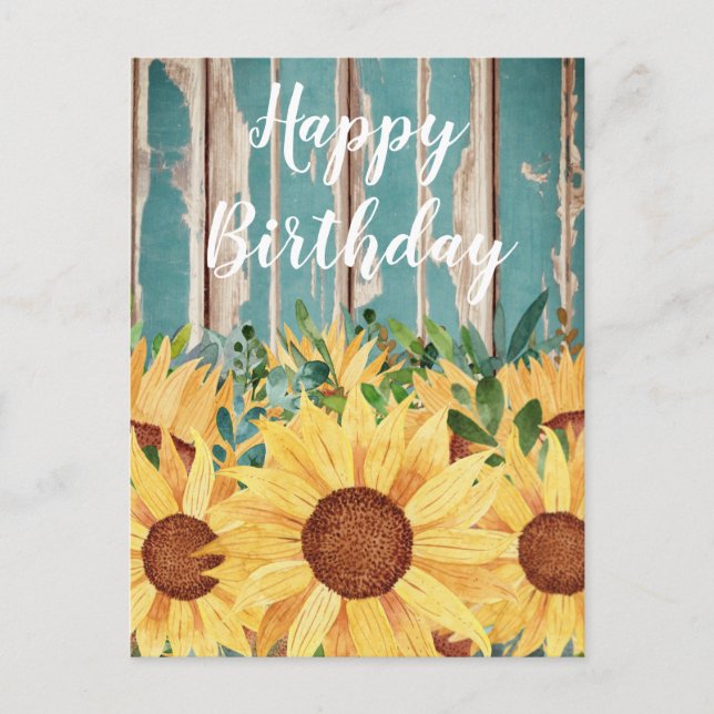 Watercolor Sunflower & Rustic Wood Birthday  Postcard (Front)