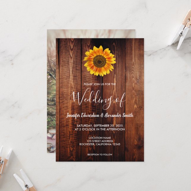 Watercolor sunflower rustic wood photo wedding invitation (Front/Back In Situ)