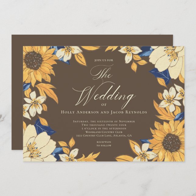 Watercolor Sunflower Script Wedding Invitation (Front/Back)