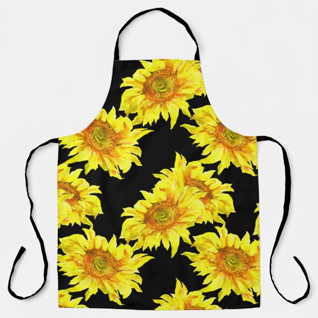 Watercolor Sunflower Seamless Black Pattern Apron (Front)