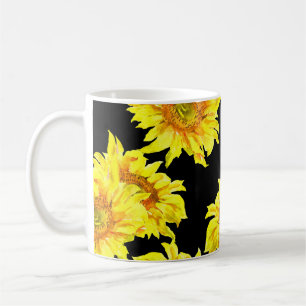 Watercolor Sunflower Seamless Black Pattern Coffee Mug