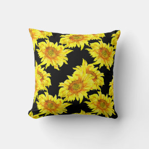 Watercolor Sunflower Seamless Black Pattern Cushion