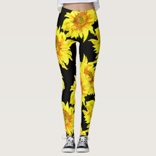 Watercolor Sunflower Seamless Black Pattern Leggings