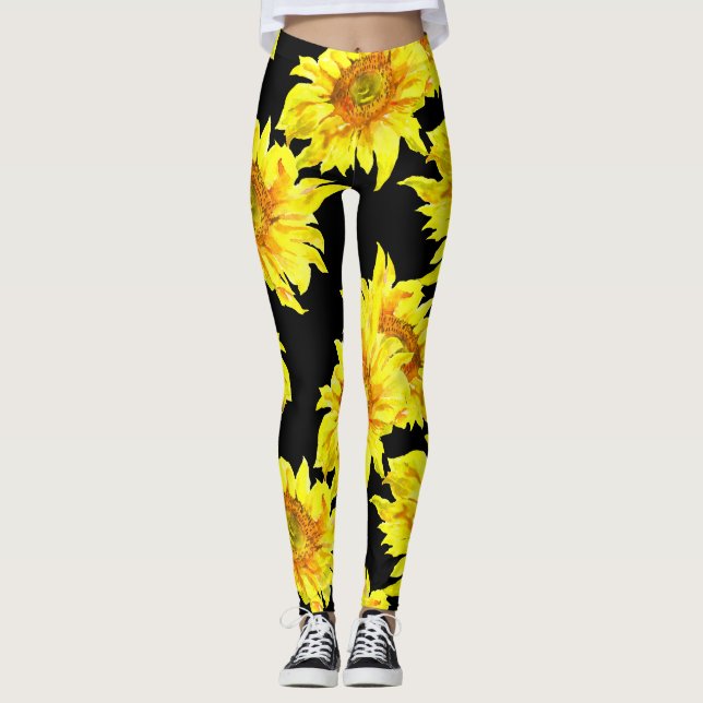 Watercolor Sunflower Seamless Black Pattern Leggings (Front)