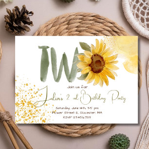 Watercolor sunflower second Birthday Invitation