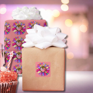 Watercolor Sunflower Summer Pink & Purple  Square Sticker