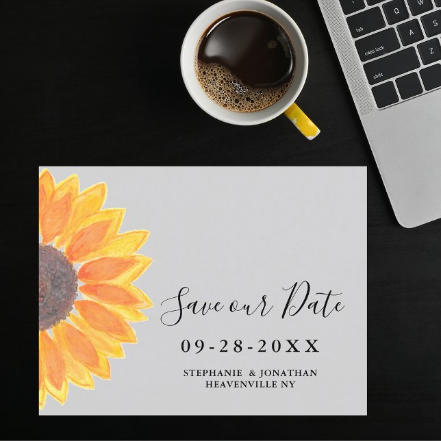 Watercolor Sunflower Wedding Grey Save The Date Announcement Postcard (Creator Uploaded)
